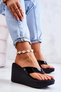 ZAXY Klapki Na Koturnie|Klapki Na Obcasie*Damskie Klapki Japonki Na Koturnie HH285292 Czarne