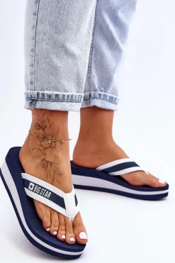 Big Star Shoes Klapki Na Koturnie|Klapki Na Obcasie*Damskie Klapki Japonki Na Koturnie Big Star HH274A094 Granatowe