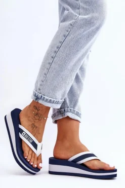 Big Star Shoes Klapki Na Koturnie|Klapki Na Obcasie*Damskie Klapki Japonki Na Koturnie Big Star HH274A094 Granatowe