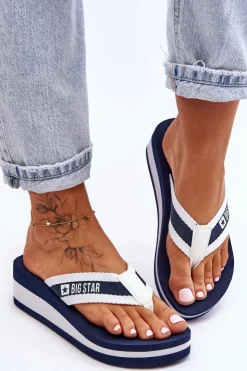 Big Star Shoes Klapki Na Koturnie|Klapki Na Obcasie*Damskie Klapki Japonki Na Koturnie Big Star HH274A094 Granatowe