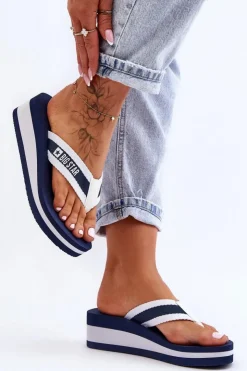 Big Star Shoes Klapki Na Koturnie|Klapki Na Obcasie*Damskie Klapki Japonki Na Koturnie Big Star HH274A094 Granatowe