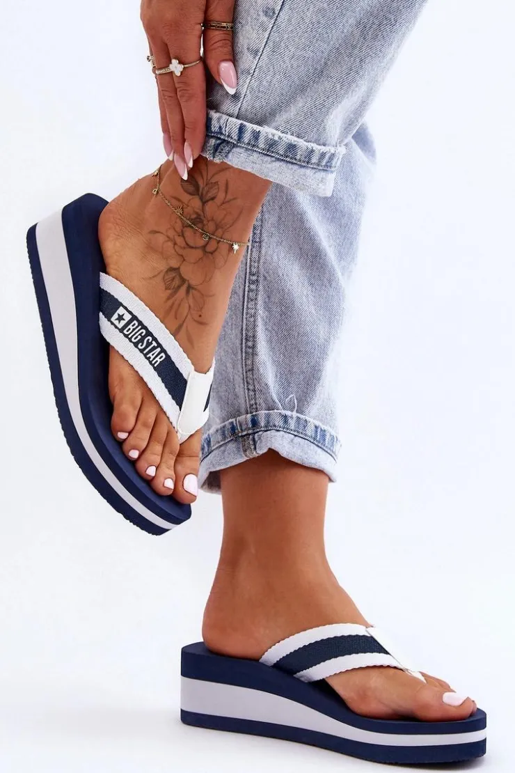 Big Star Shoes Klapki Na Koturnie|Klapki Na Obcasie*Damskie Klapki Japonki Na Koturnie Big Star HH274A094 Granatowe
