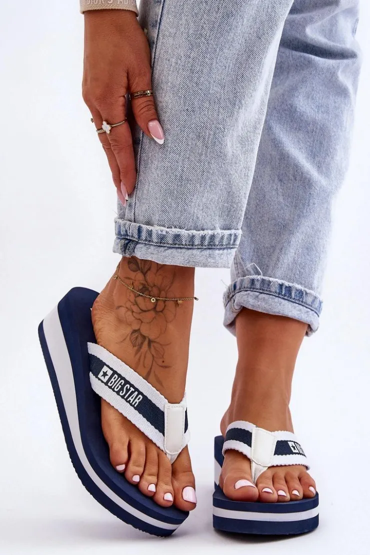 Big Star Shoes Klapki Na Koturnie|Klapki Na Obcasie*Damskie Klapki Japonki Na Koturnie Big Star HH274A094 Granatowe