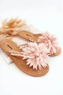 Best Boto Damskie Klapki Japonki Z Materiałową Ozdobą Jasnoróżowe Eviana