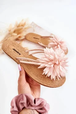 Best Boto Damskie Klapki Japonki Z Materiałową Ozdobą Jasnoróżowe Eviana