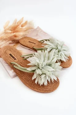 Damskie Boto Damskie Klapki Japonki Z Materiałową Ozdobą Zielone Eviana