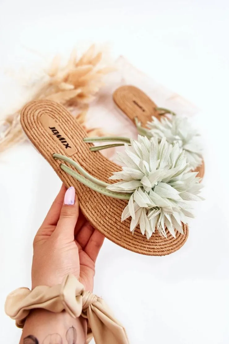 Damskie Boto Damskie Klapki Japonki Z Materiałową Ozdobą Zielone Eviana