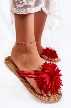 Damskie Boto Damskie Klapki Japonki Z Materiałową Ozdobą Czerwone Eviana