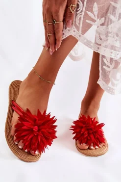 Damskie Boto Damskie Klapki Japonki Z Materiałową Ozdobą Czerwone Eviana