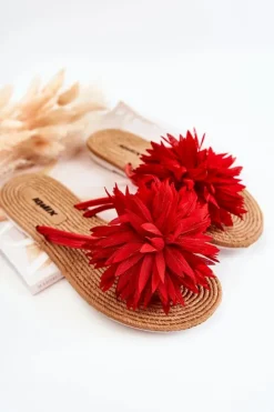 Damskie Boto Damskie Klapki Japonki Z Materiałową Ozdobą Czerwone Eviana