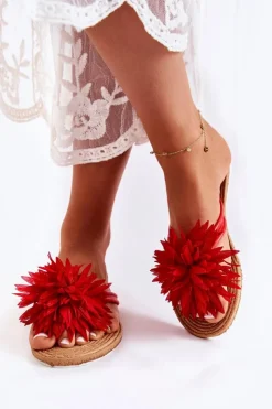 Damskie Boto Damskie Klapki Japonki Z Materiałową Ozdobą Czerwone Eviana