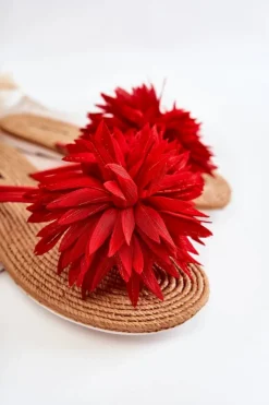 Damskie Boto Damskie Klapki Japonki Z Materiałową Ozdobą Czerwone Eviana