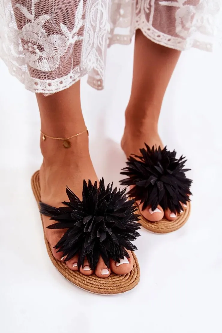 Boto Klapki Damskie Klasyczne*Damskie Klapki Japonki Z Materiałową Ozdobą Czarne Eviana