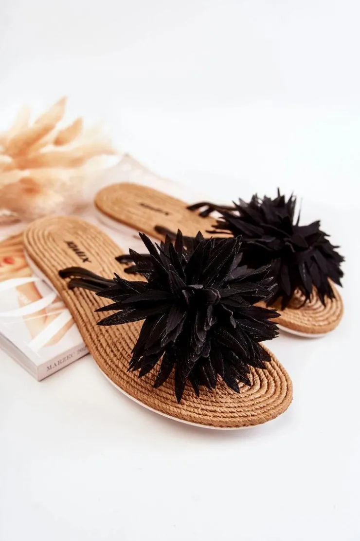 Boto Klapki Damskie Klasyczne*Damskie Klapki Japonki Z Materiałową Ozdobą Czarne Eviana