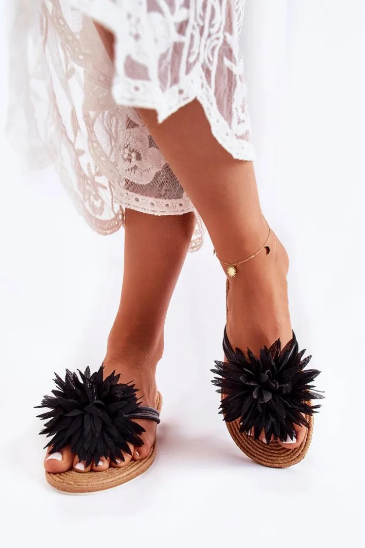 Boto Klapki Damskie Klasyczne*Damskie Klapki Japonki Z Materiałową Ozdobą Czarne Eviana