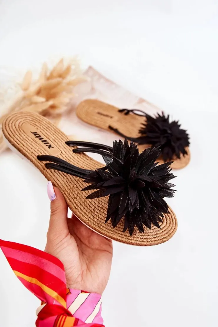 Boto Klapki Damskie Klasyczne*Damskie Klapki Japonki Z Materiałową Ozdobą Czarne Eviana