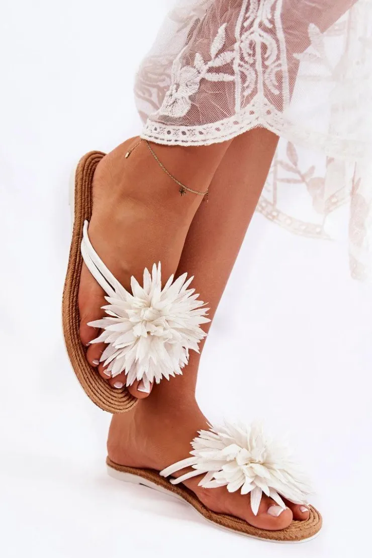 Boto Klapki Damskie Japonki*Damskie Klapki Japonki Z Materiałową Ozdobą Białe Eviana