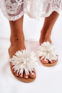 Boto Klapki Damskie Japonki*Damskie Klapki Japonki Z Materiałową Ozdobą Białe Eviana