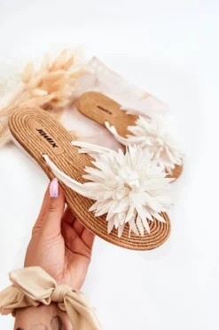 Boto Klapki Damskie Japonki*Damskie Klapki Japonki Z Materiałową Ozdobą Białe Eviana