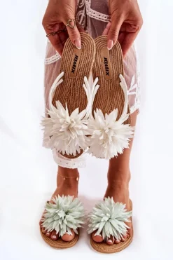 Boto Klapki Damskie Japonki*Damskie Klapki Japonki Z Materiałową Ozdobą Białe Eviana