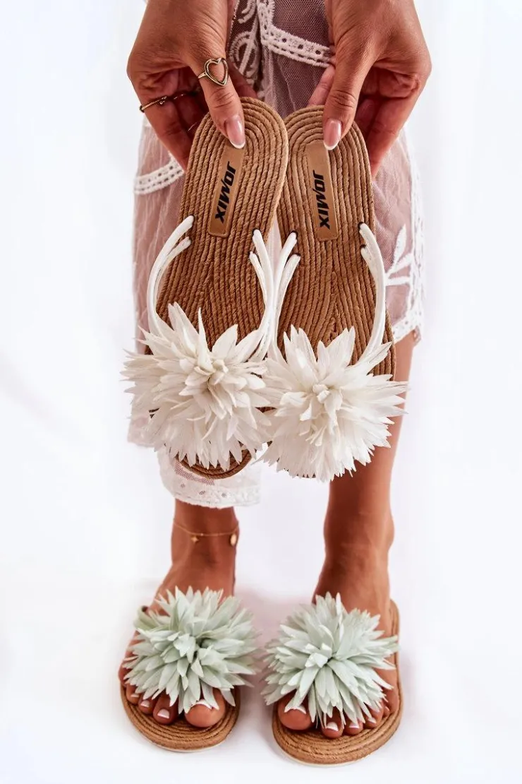 Boto Klapki Damskie Japonki*Damskie Klapki Japonki Z Materiałową Ozdobą Białe Eviana