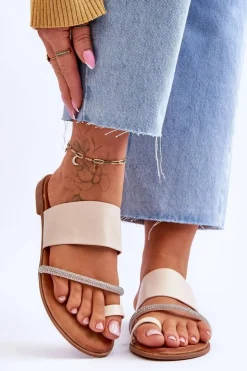 Damskie Boto Damskie Klapki Japonki Z Ozdobnym Paskiem Beżowe Sublime