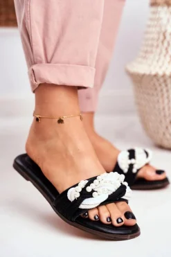 Hot Boto Damskie Klapki Lu Boo Czarne Perełki Plecionki Flora