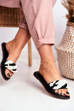 Hot Boto Damskie Klapki Lu Boo Czarne Perełki Plecionki Flora