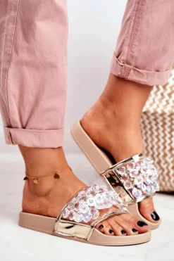 Boto Klapki Damskie Klasyczne*Damskie Klapki Lu Boo Kryształki Beżowe Bobbi