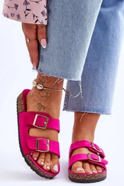 Damskie Boto Damskie Klapki Na Korkowej Platformie Z Paskami Fuksja Doretta