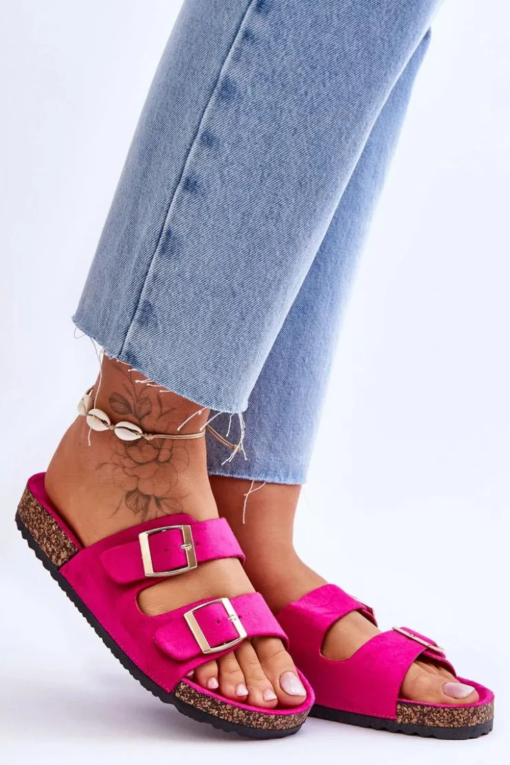 Damskie Boto Damskie Klapki Na Korkowej Platformie Z Paskami Fuksja Doretta