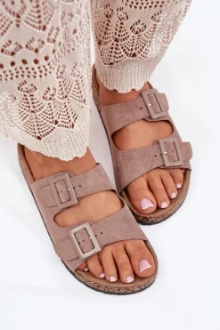 Damskie Boto Damskie Klapki Na Korkowej Platformie Z Klamrami Ciemnobeżowe Aviora