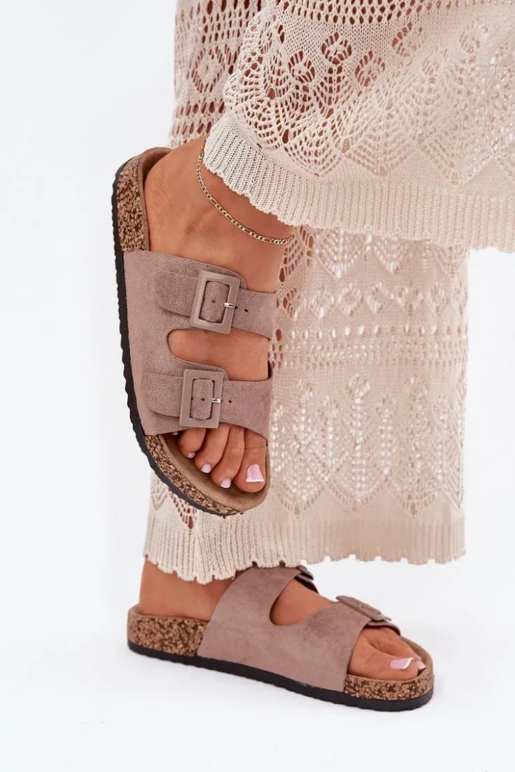 Damskie Boto Damskie Klapki Na Korkowej Platformie Z Klamrami Ciemnobeżowe Aviora