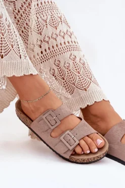 Damskie Boto Damskie Klapki Na Korkowej Platformie Z Klamrami Ciemnobeżowe Aviora