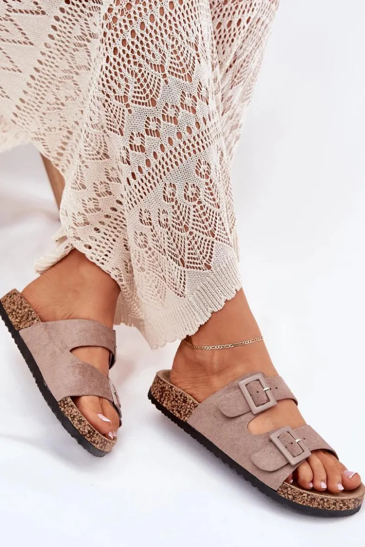 Damskie Boto Damskie Klapki Na Korkowej Platformie Z Klamrami Ciemnobeżowe Aviora