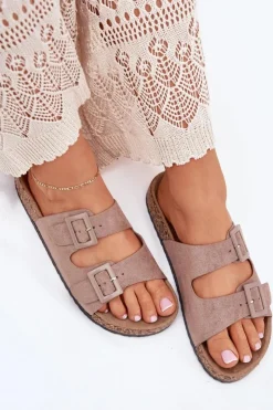 Damskie Boto Damskie Klapki Na Korkowej Platformie Z Klamrami Ciemnobeżowe Aviora