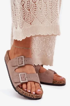 Damskie Boto Damskie Klapki Na Korkowej Platformie Z Klamrami Ciemnobeżowe Aviora