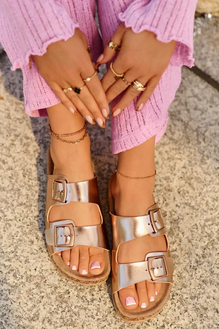 Discount Boto Damskie Klapki Na Korkowej Platformie Z Klamrami Różowe Złoto Klinesta