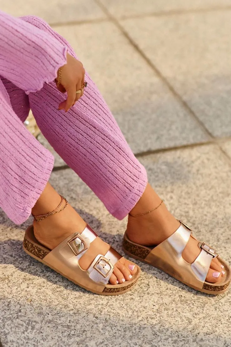 Discount Boto Damskie Klapki Na Korkowej Platformie Z Klamrami Różowe Złoto Klinesta