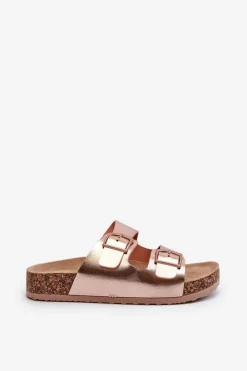 Discount Boto Damskie Klapki Na Korkowej Platformie Z Klamrami Różowe Złoto Klinesta