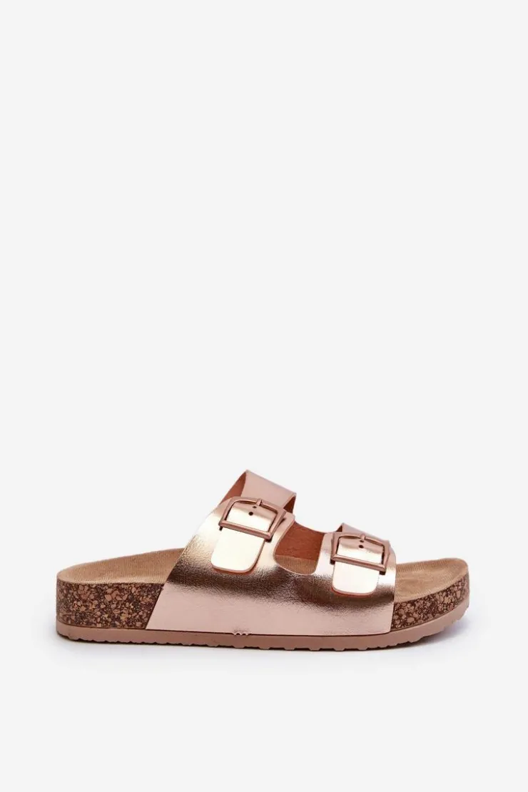 Discount Boto Damskie Klapki Na Korkowej Platformie Z Klamrami Różowe Złoto Klinesta