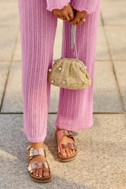 Discount Boto Damskie Klapki Na Korkowej Platformie Z Klamrami Różowe Złoto Klinesta