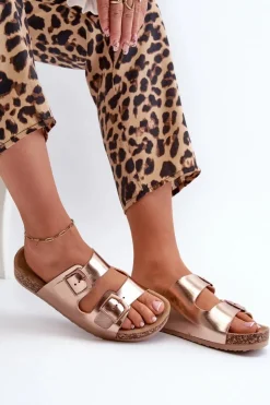 Discount Boto Damskie Klapki Na Korkowej Platformie Z Klamrami Różowe Złoto Klinesta