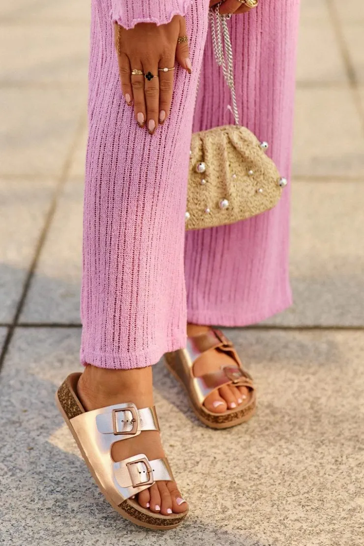 Discount Boto Damskie Klapki Na Korkowej Platformie Z Klamrami Różowe Złoto Klinesta