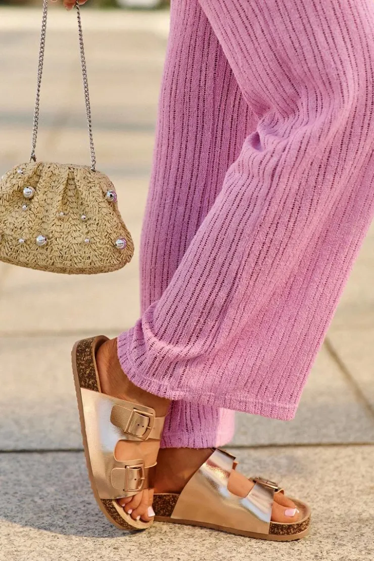 Discount Boto Damskie Klapki Na Korkowej Platformie Z Klamrami Różowe Złoto Klinesta