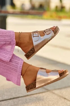 Discount Boto Damskie Klapki Na Korkowej Platformie Z Klamrami Różowe Złoto Klinesta