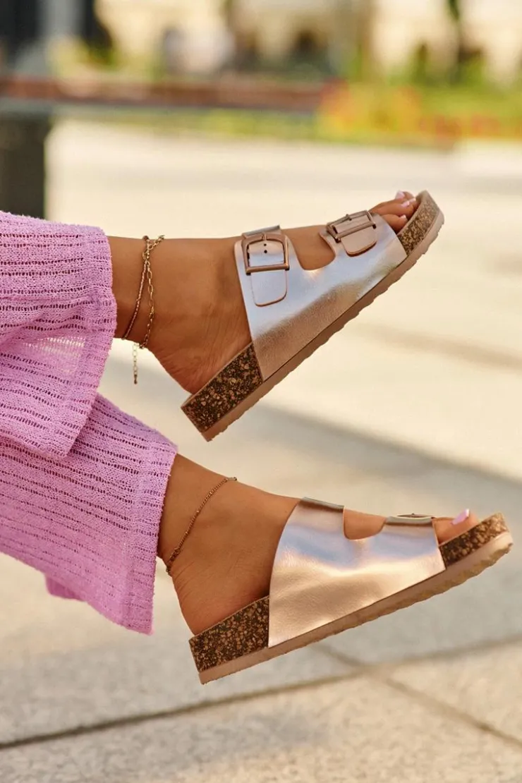 Discount Boto Damskie Klapki Na Korkowej Platformie Z Klamrami Różowe Złoto Klinesta