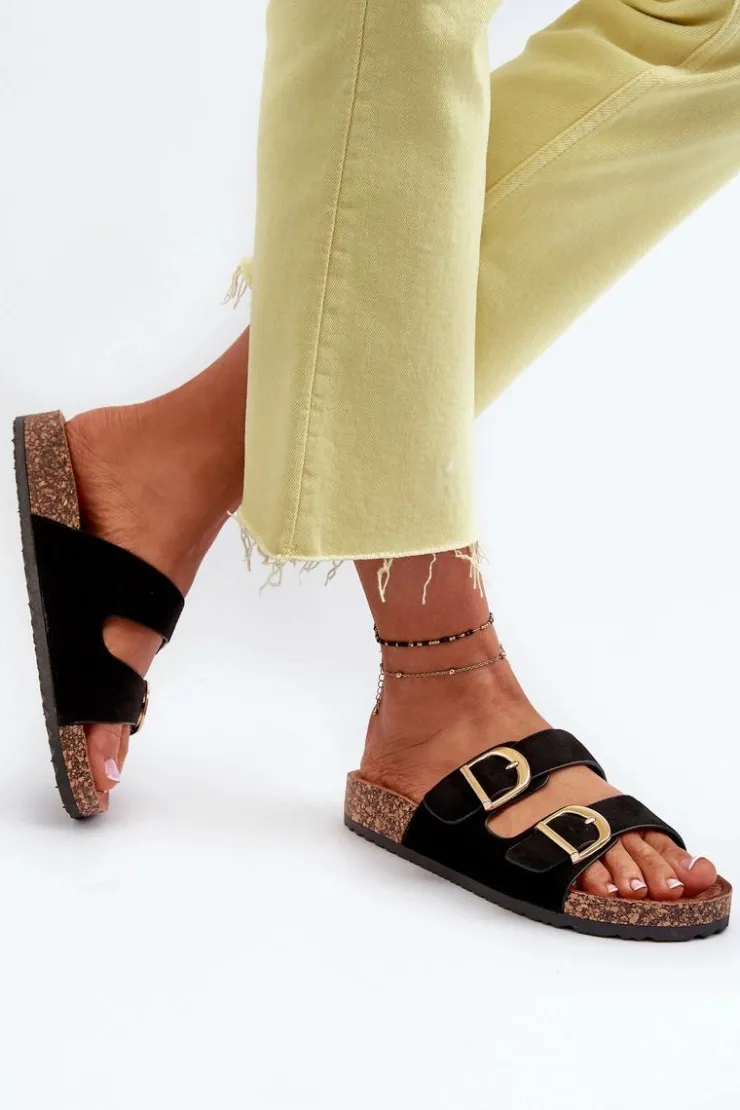 New Boto Damskie Klapki Na Korkowej Platformie Z Paskami Czarne Doretta