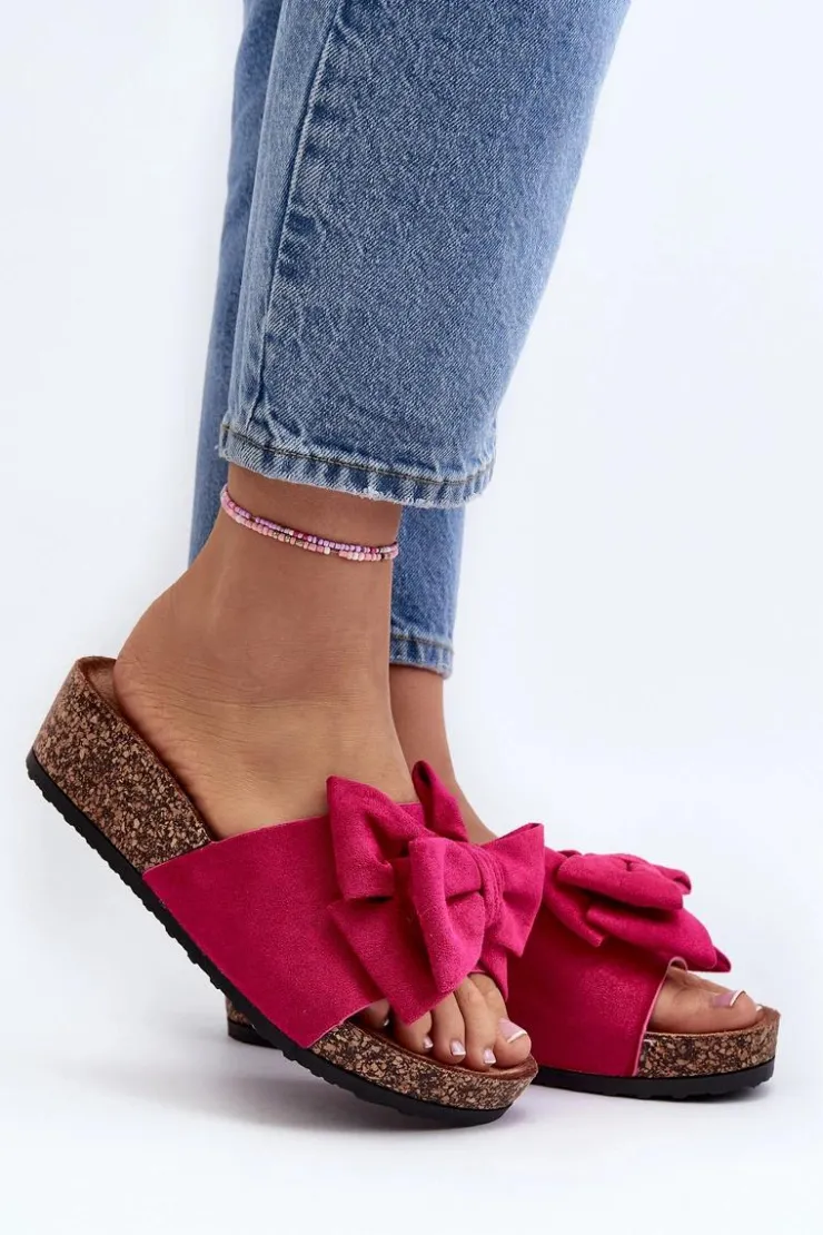 Clearance Boto Damskie Klapki Na Korkowej Platformie Z Kokardą Fuksja Tarena