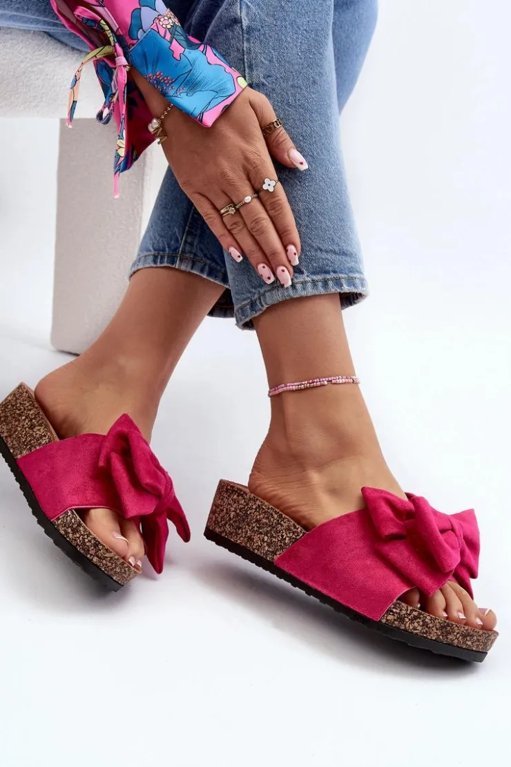 Clearance Boto Damskie Klapki Na Korkowej Platformie Z Kokardą Fuksja Tarena